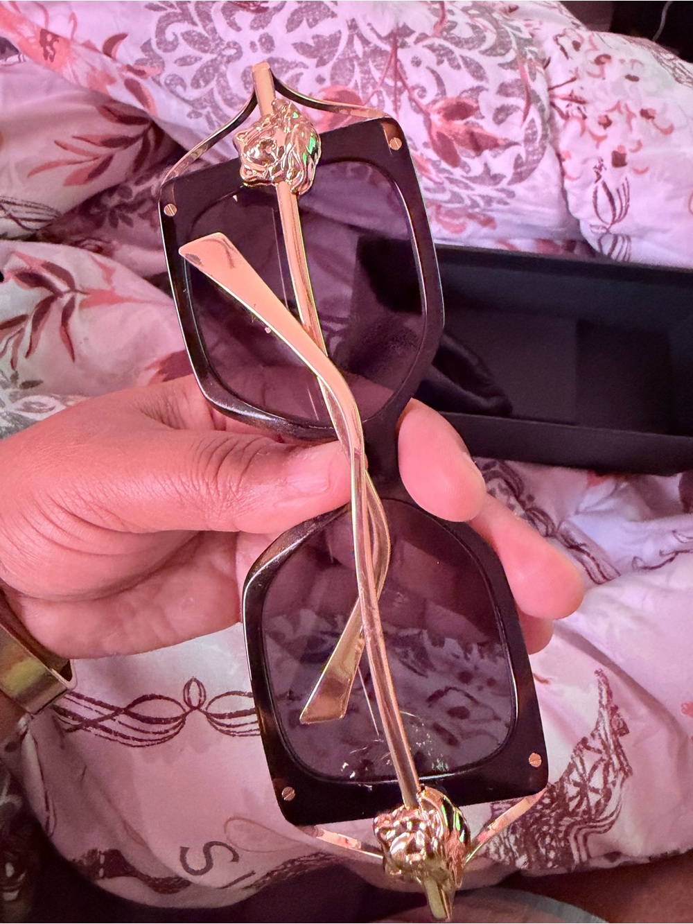 Versace Black and Gold Oversized Square Sunglasses with Lion Medallions